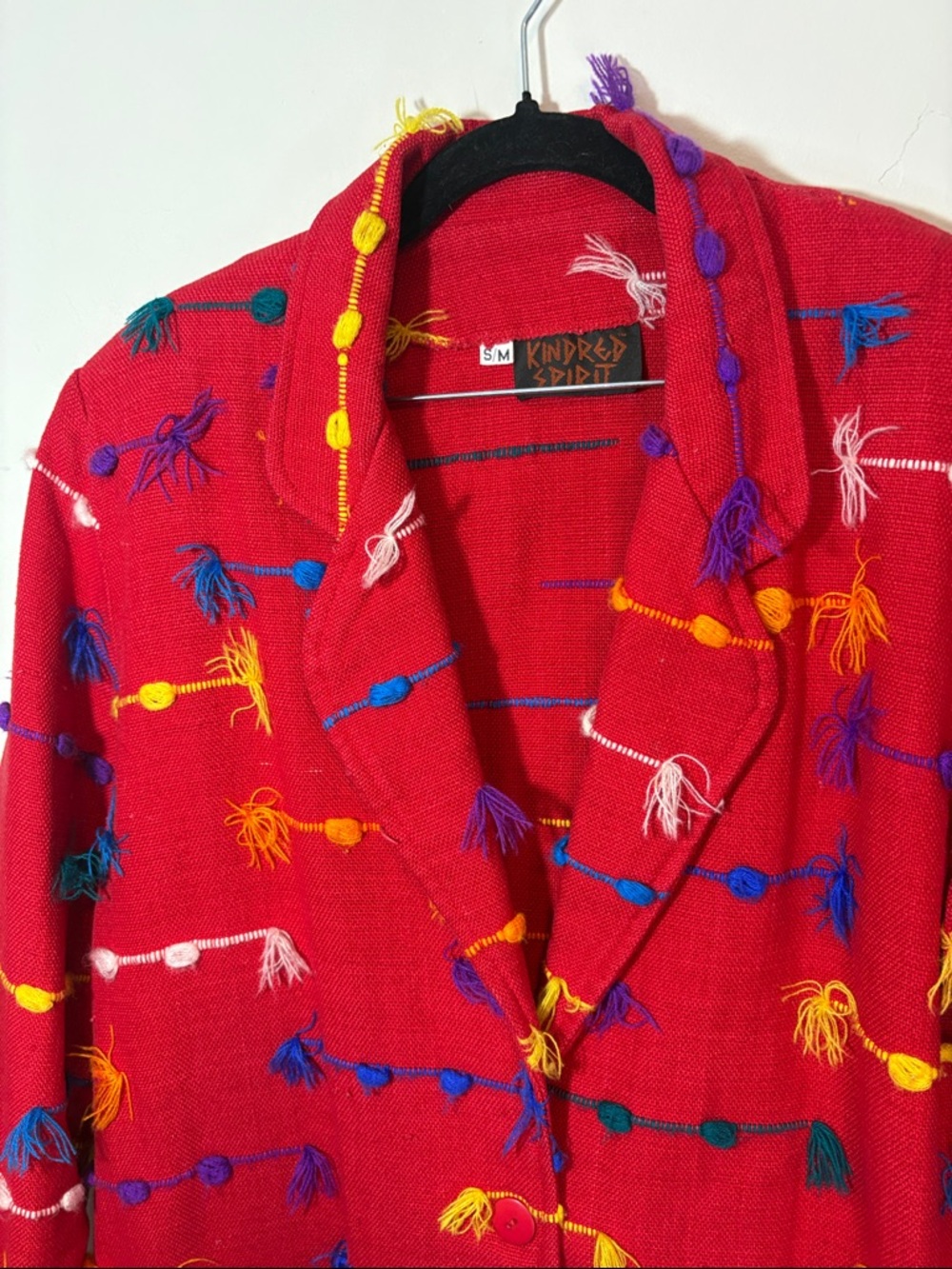 Vintage Kindred Spirits Red Woven Blazer Funky Kitsch Tacky Fringe Yarn Colorful